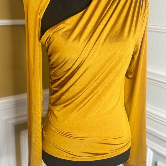 Asymmetric Ruched Long-Sleeve Jersey Top Elegant Mustard One-Shoulder Top SZ-10 - Picture 7 of 16